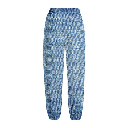 Classic Blue Denim Jeans Print Fleece Lined Knit Pants