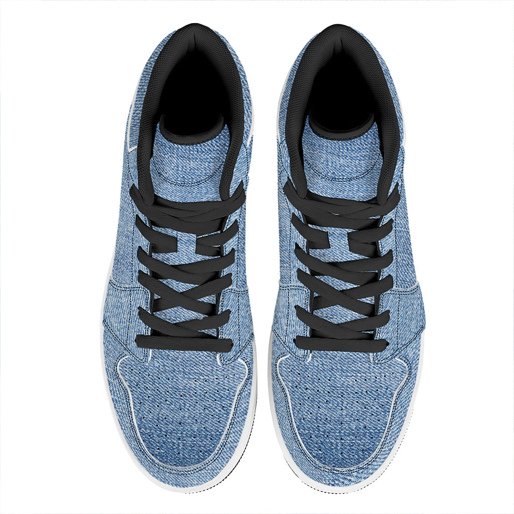 Classic Blue Denim Jeans Print High Top Leather Sneakers