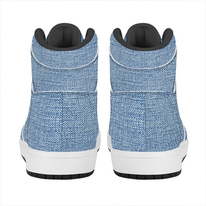 Classic Blue Denim Jeans Print High Top Leather Sneakers