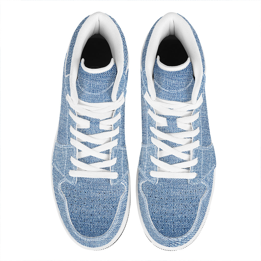 Classic Blue Denim Jeans Print High Top Leather Sneakers