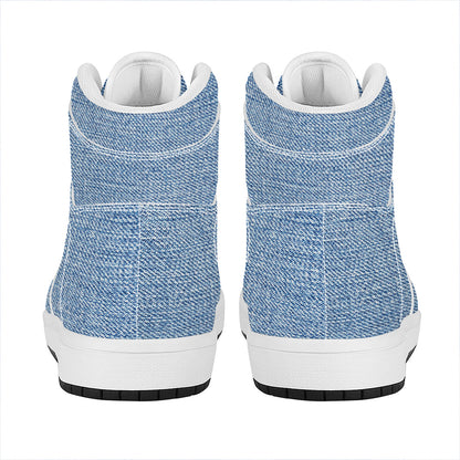 Classic Blue Denim Jeans Print High Top Leather Sneakers