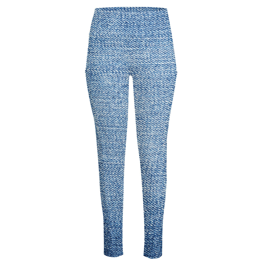 Classic Blue Denim Jeans Print High-Waisted Pocket Leggings