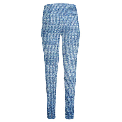 Classic Blue Denim Jeans Print High-Waisted Pocket Leggings