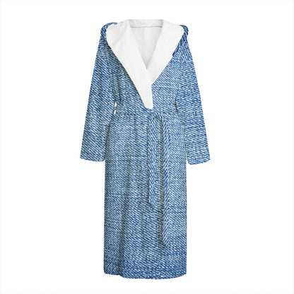 Classic Blue Denim Jeans Print Hooded Bathrobe