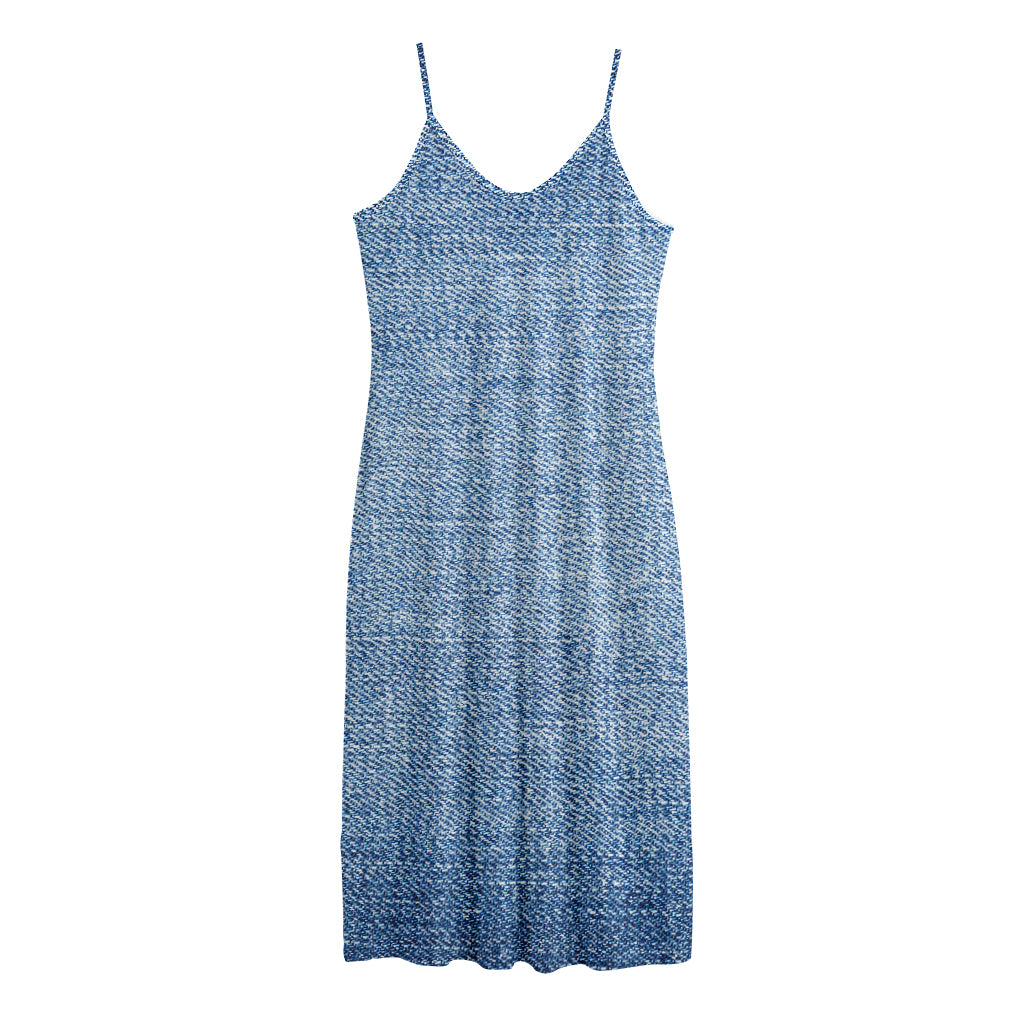 Classic Blue Denim Jeans Print Jersey Midi Cami Dress