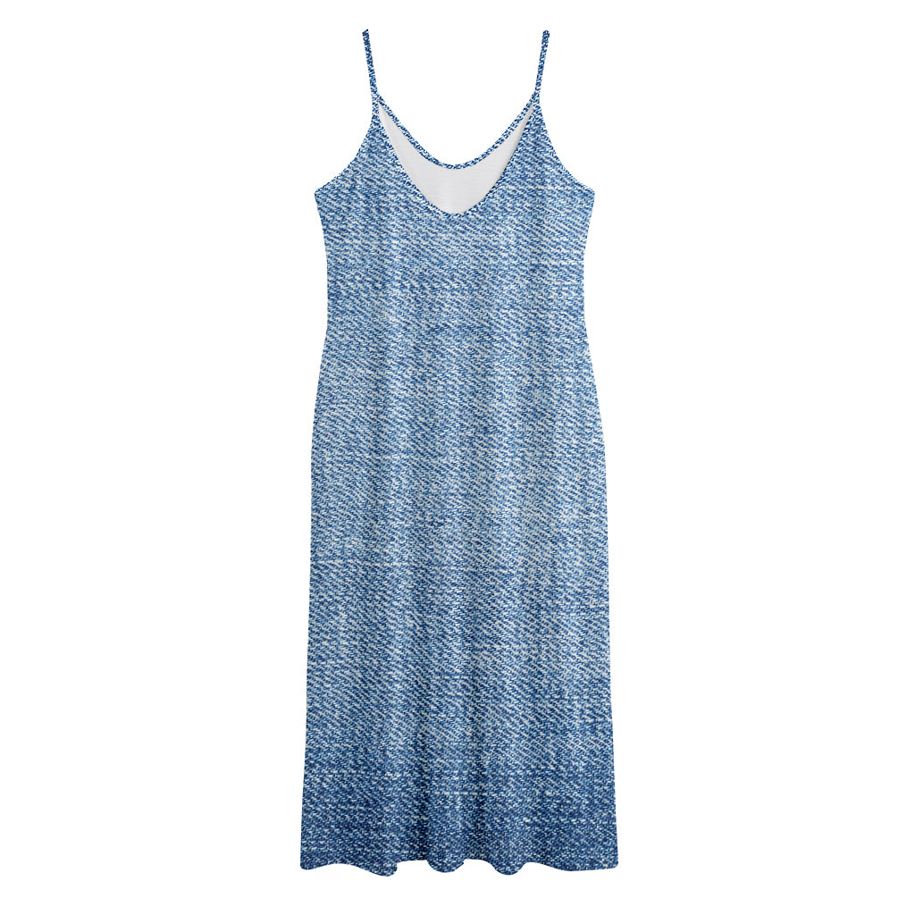 Classic Blue Denim Jeans Print Jersey Midi Cami Dress