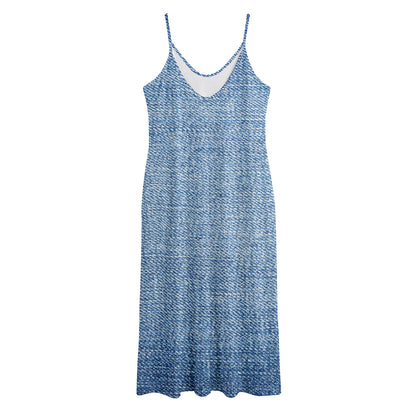 Classic Blue Denim Jeans Print Jersey Midi Cami Dress