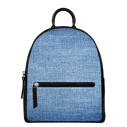 Classic Blue Denim Jeans Print Leather Backpack