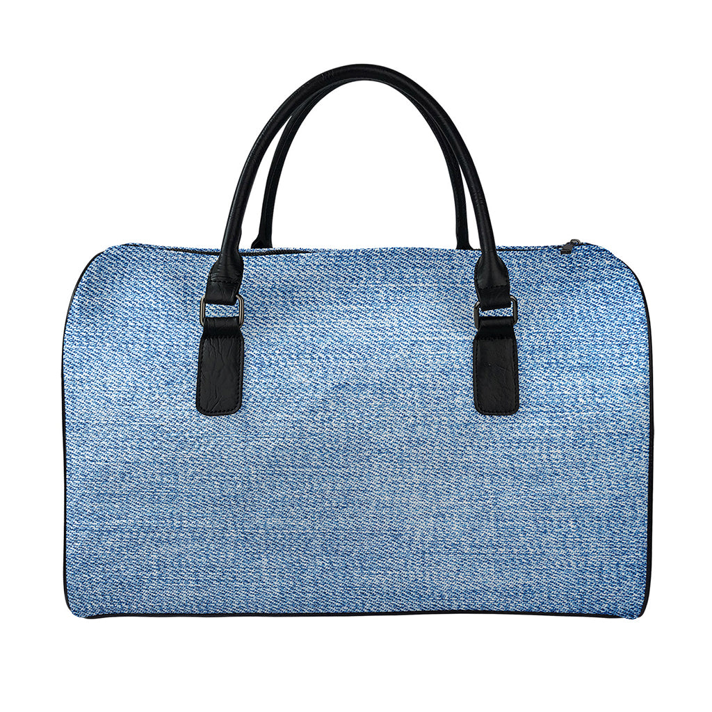 Classic Blue Denim Jeans Print Leather Duffle Bag