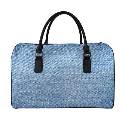 Classic Blue Denim Jeans Print Leather Duffle Bag