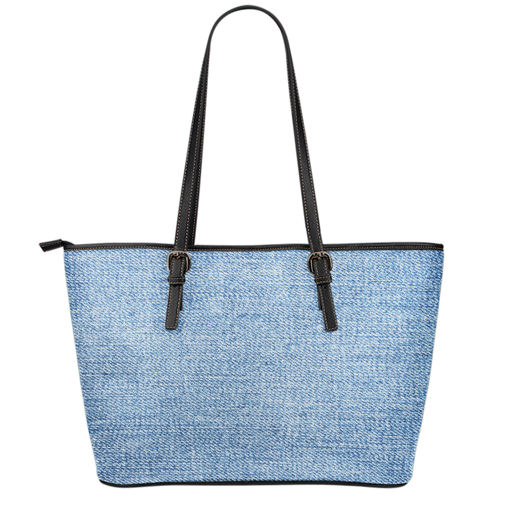 Classic Blue Denim Jeans Print Leather Tote Bag