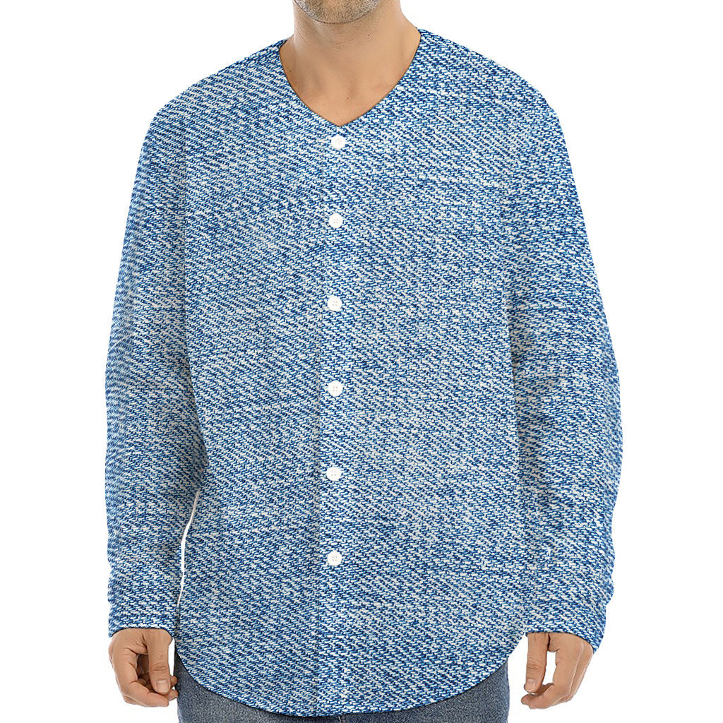 Classic Blue Denim Jeans Print Long Sleeve Baseball Jersey