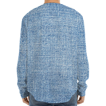 Classic Blue Denim Jeans Print Long Sleeve Baseball Jersey