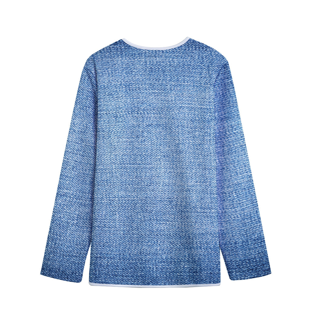 Classic Blue Denim Jeans Print Long Sleeve Short Coat