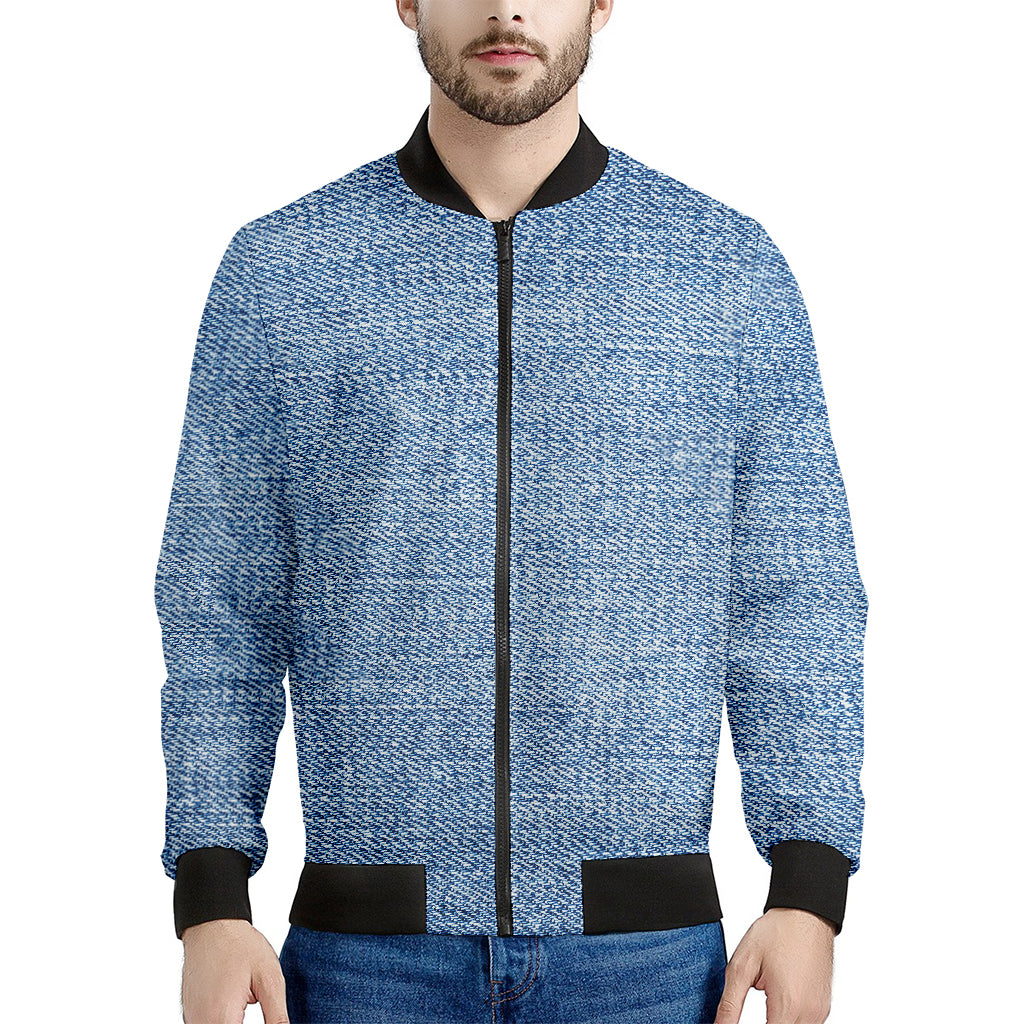 Classic Blue Denim Jeans Print Men's Bomber Jacket