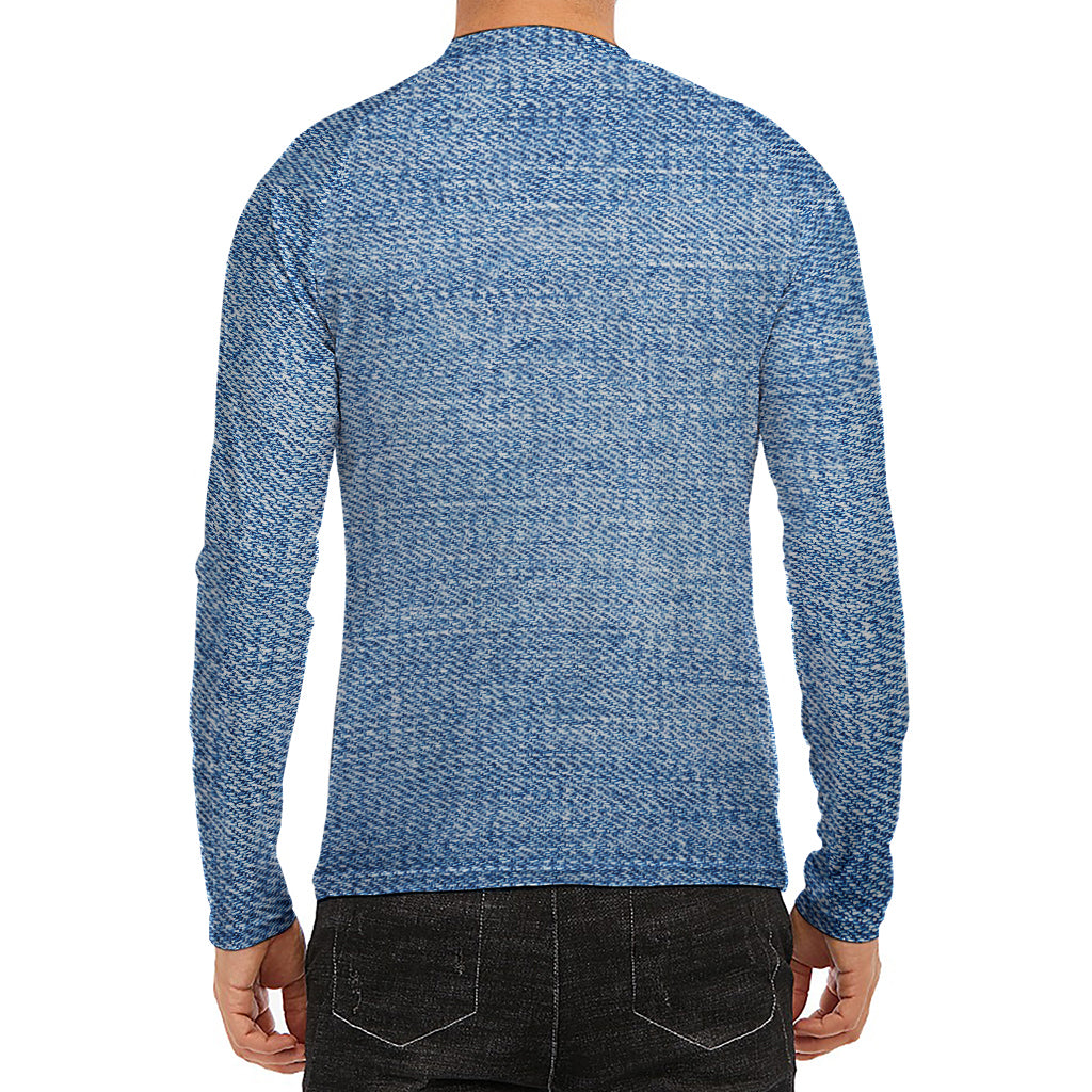 Classic Blue Denim Jeans Print Men's Long Sleeve Rash Guard