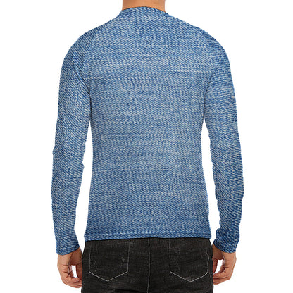 Classic Blue Denim Jeans Print Men's Long Sleeve Rash Guard