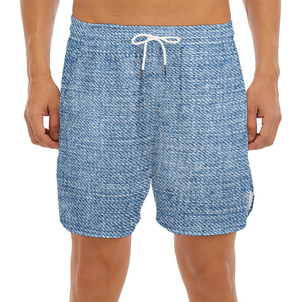 Classic Blue Denim Jeans Print Men's Split Running Shorts