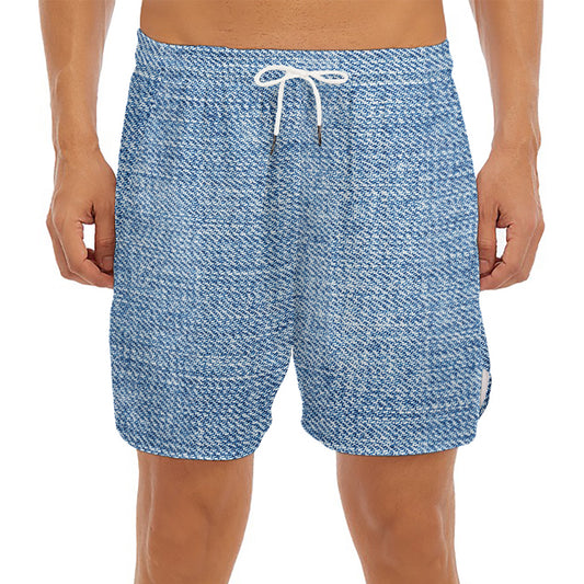 Classic Blue Denim Jeans Print Men's Split Running Shorts