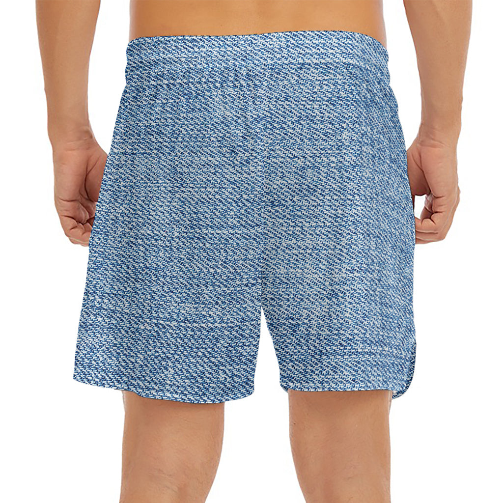 Classic Blue Denim Jeans Print Men's Split Running Shorts
