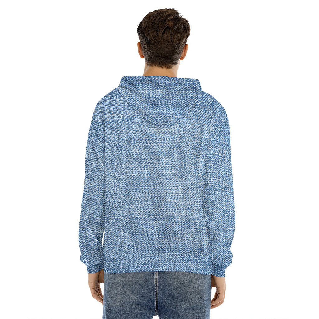 Classic Blue Denim Jeans Print Men's Velvet Pullover Hoodie