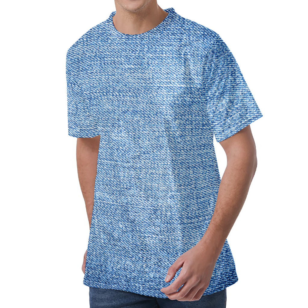 Classic Blue Denim Jeans Print Men's Velvet T-Shirt