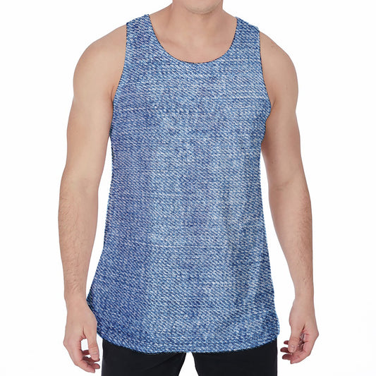 Classic Blue Denim Jeans Print Men's Velvet Tank Top