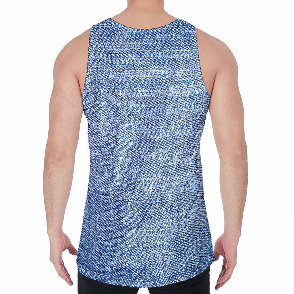 Classic Blue Denim Jeans Print Men's Velvet Tank Top