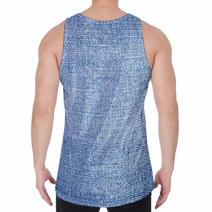 Classic Blue Denim Jeans Print Men's Velvet Tank Top