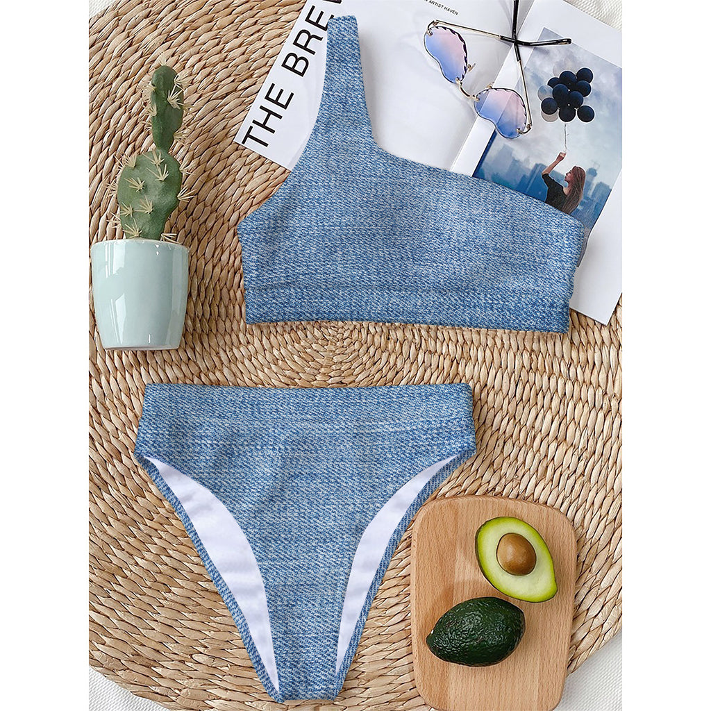 Classic Blue Denim Jeans Print One Shoulder Bikini Top