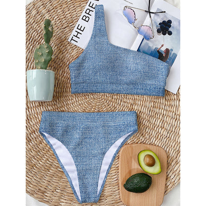 Classic Blue Denim Jeans Print One Shoulder Bikini Top