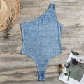 Classic Blue Denim Jeans Print One Shoulder Bodysuit