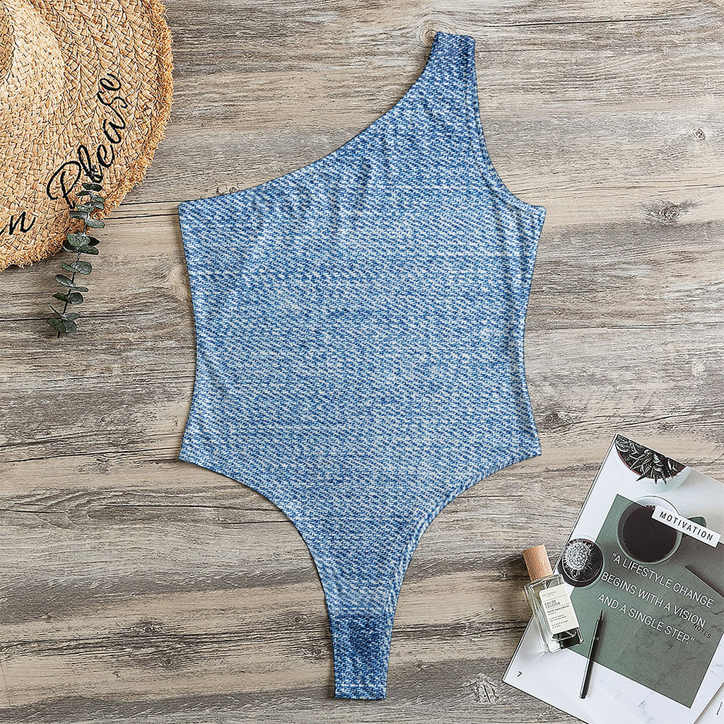 Classic Blue Denim Jeans Print One Shoulder Bodysuit
