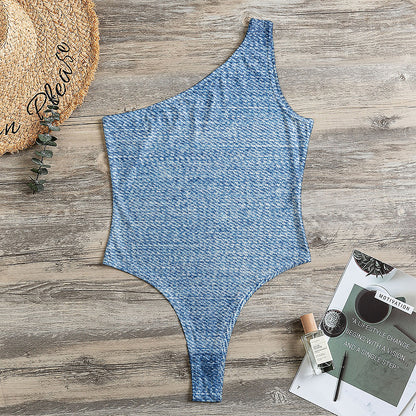 Classic Blue Denim Jeans Print One Shoulder Bodysuit