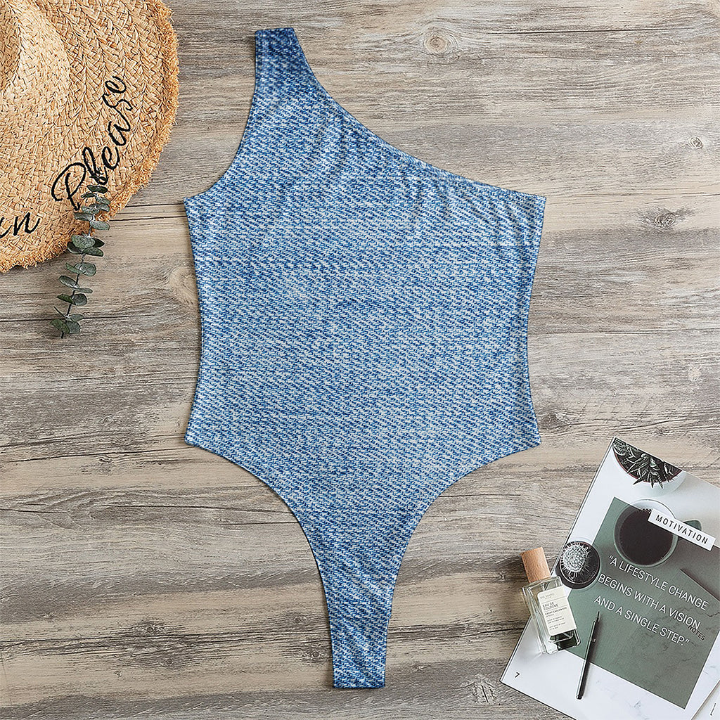 Classic Blue Denim Jeans Print One Shoulder Bodysuit