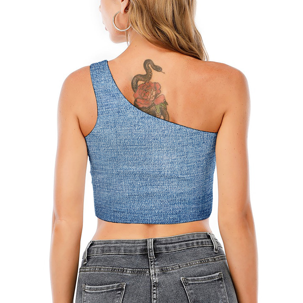 Classic Blue Denim Jeans Print One Shoulder Crop Top