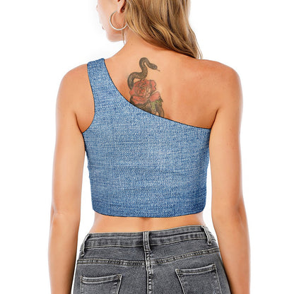 Classic Blue Denim Jeans Print One Shoulder Crop Top