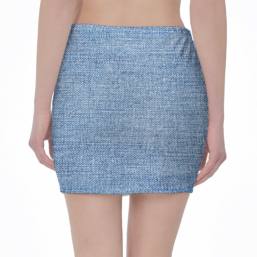 Classic Blue Denim Jeans Print Pencil Mini Skirt