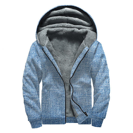Classic Blue Denim Jeans Print Sherpa Lined Zip Up Hoodie