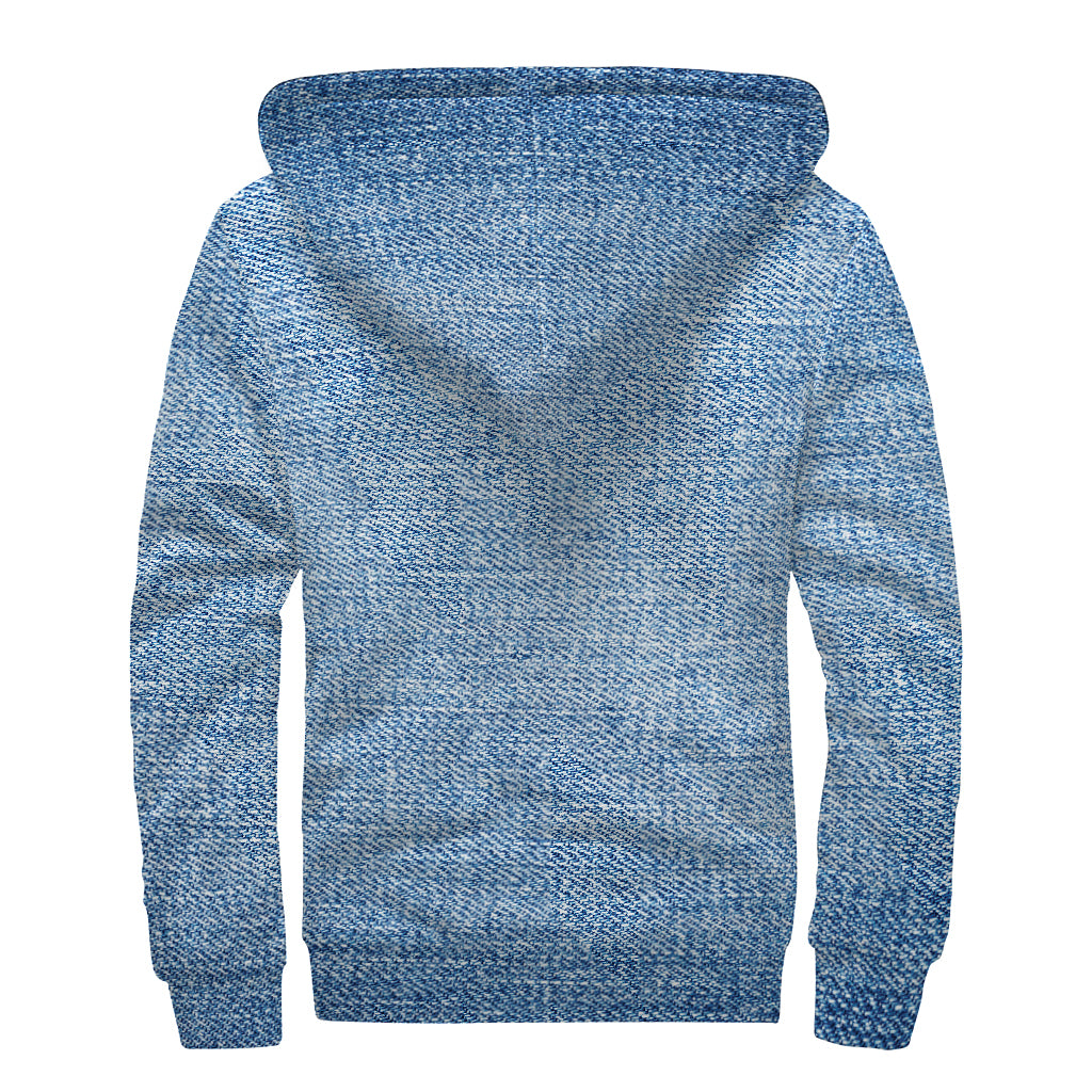 Classic Blue Denim Jeans Print Sherpa Lined Zip Up Hoodie