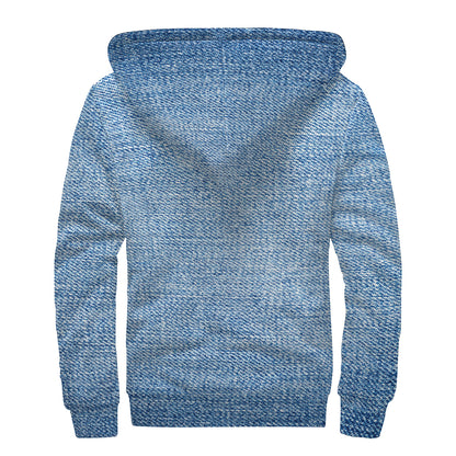 Classic Blue Denim Jeans Print Sherpa Lined Zip Up Hoodie