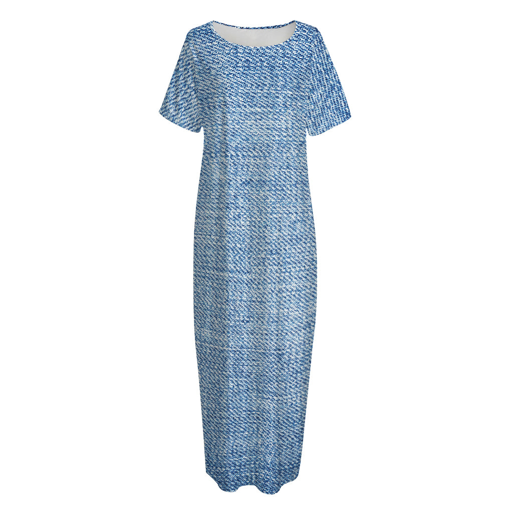 Classic Blue Denim Jeans Print Short Sleeve Long Nightdress