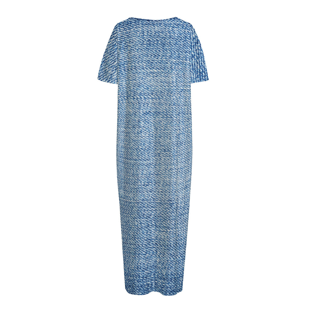 Classic Blue Denim Jeans Print Short Sleeve Long Nightdress