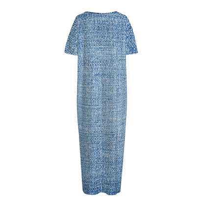 Classic Blue Denim Jeans Print Short Sleeve Long Nightdress