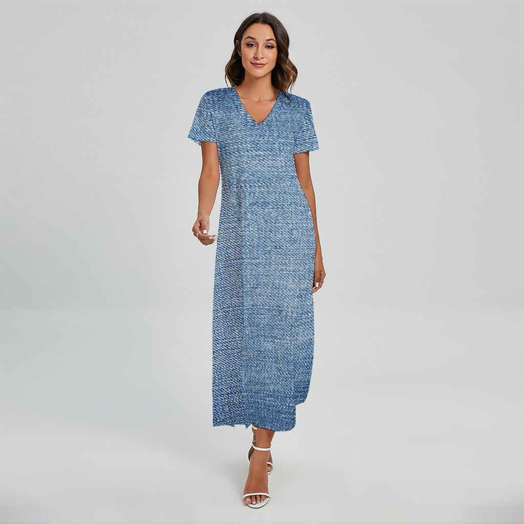 Classic Blue Denim Jeans Print Short Sleeve Maxi Dress
