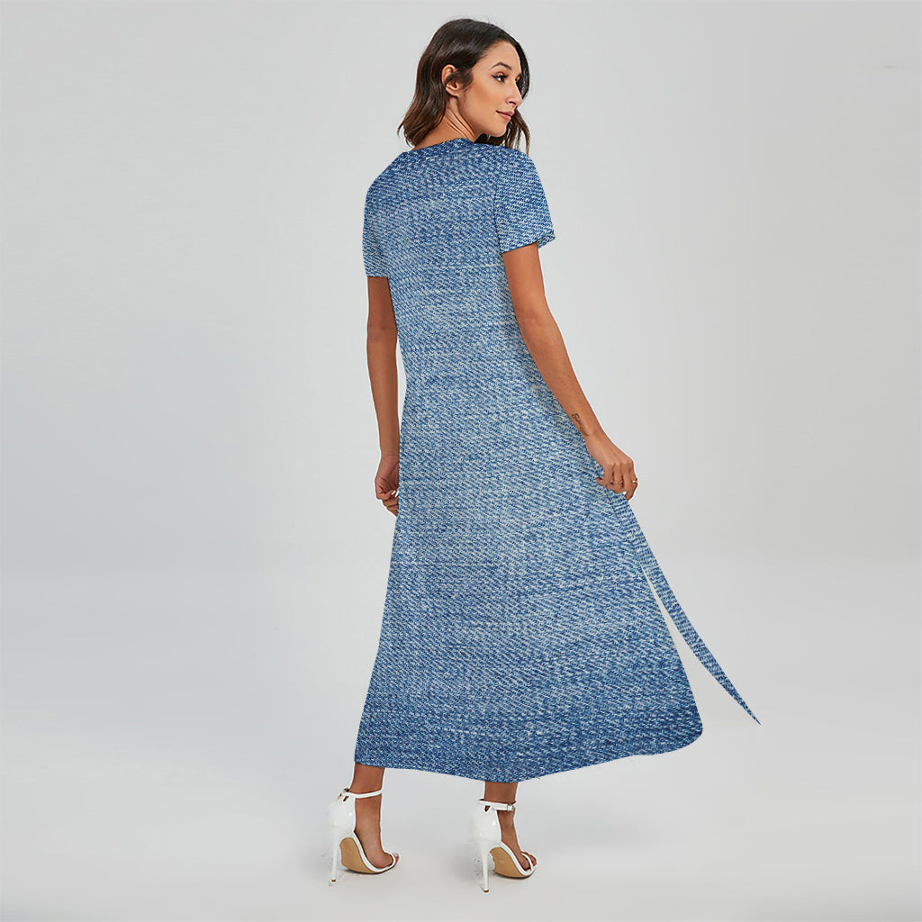 Classic Blue Denim Jeans Print Short Sleeve Maxi Dress