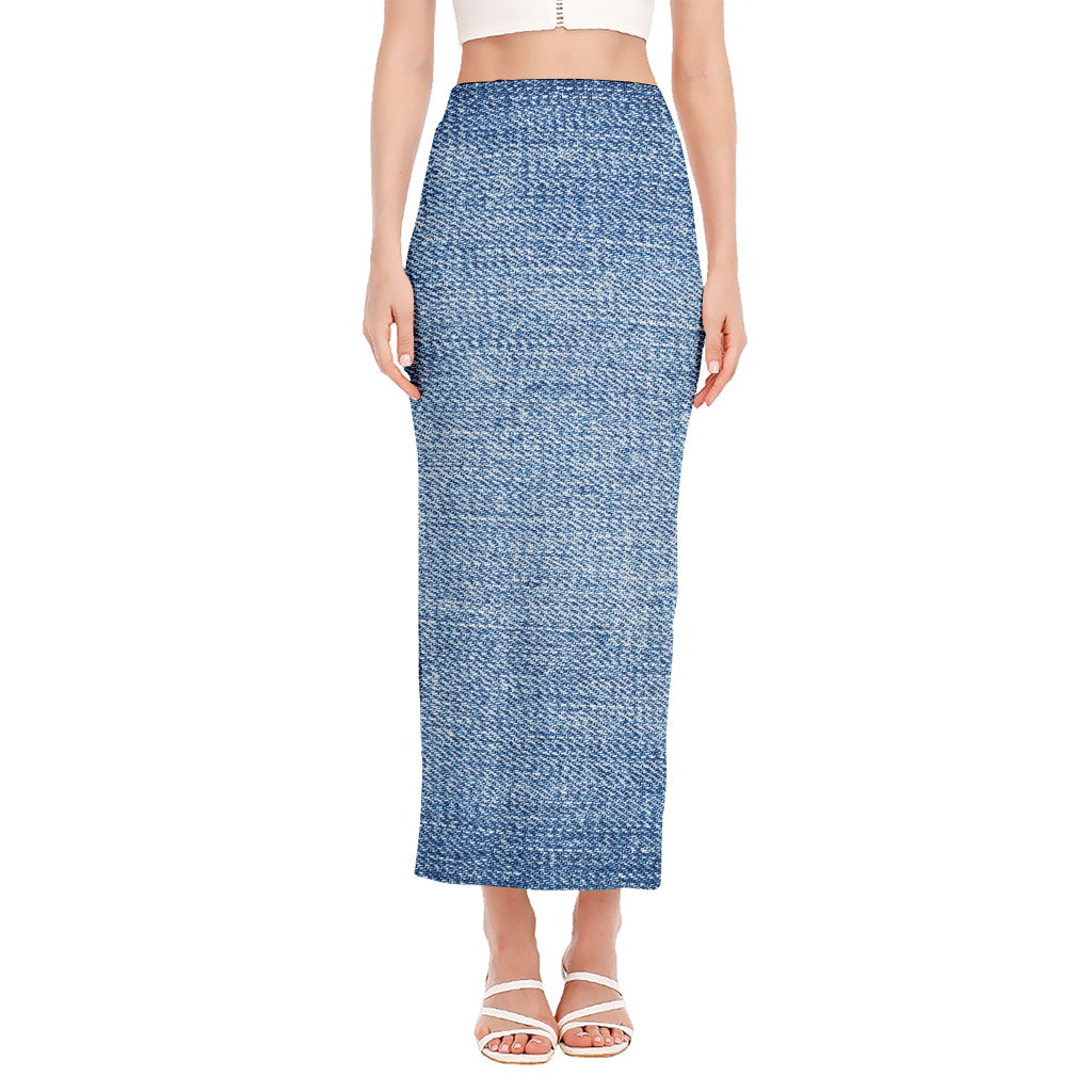 Classic Blue Denim Jeans Print Side Slit Maxi Skirt