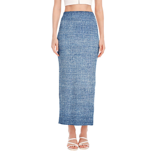 Classic Blue Denim Jeans Print Side Slit Maxi Skirt