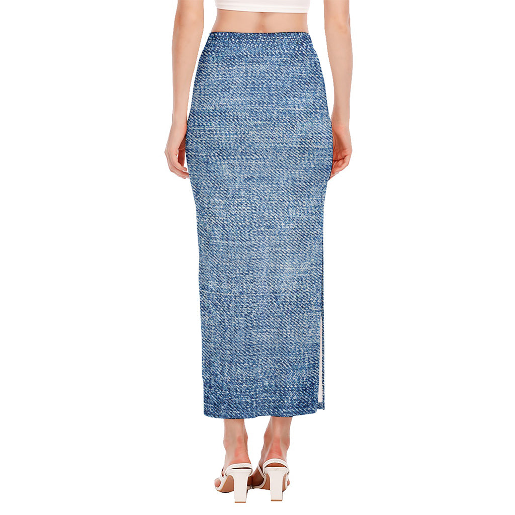 Classic Blue Denim Jeans Print Side Slit Maxi Skirt