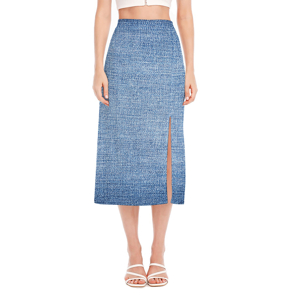 Classic Blue Denim Jeans Print Side Slit Midi Skirt